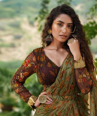 Bageecha Sage Green Ruffle Saree 8
