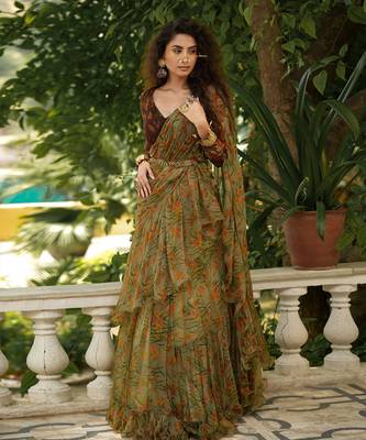 Bageecha Sage Green Ruffle Saree 10