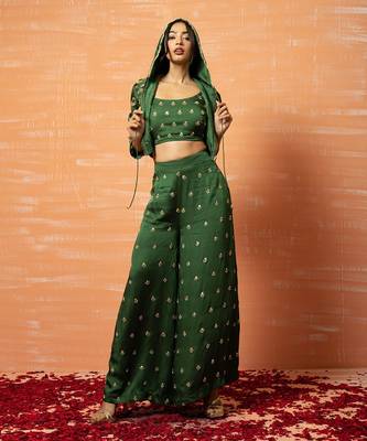 Green Hand Embroidered Hoodie And Palazozo Pant Set 1