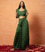 Green Hand Embroidered Hoodie And Palazozo Pant Set