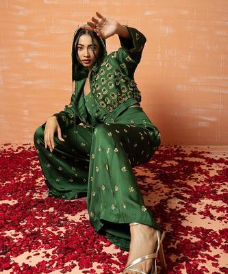 Green Hand Embroidered Hoodie And Palazozo Pant Set 2
