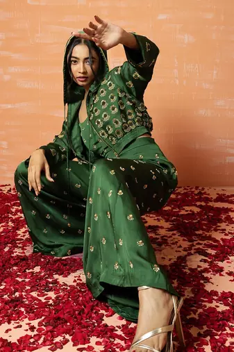 Green Hand Embroidered Hoodie And Palazozo Pant Set