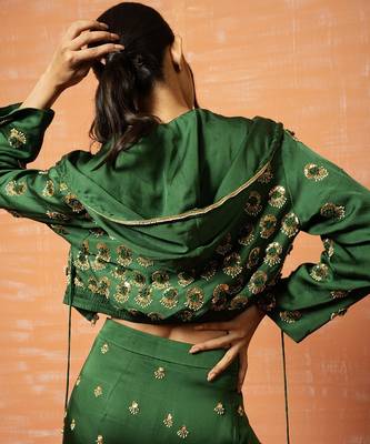 Green Hand Embroidered Hoodie And Palazozo Pant Set 3