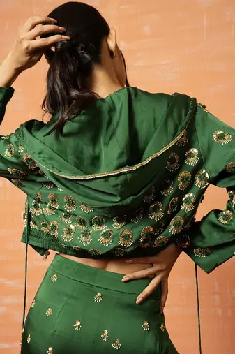 Green Hand Embroidered Hoodie And Palazozo Pant Set