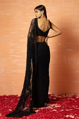 Black Hand-Embroidered Saree Set