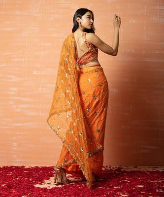 Orange Net Saree With Mirror Work 2