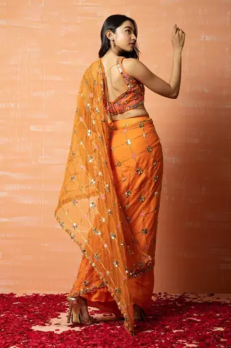 Orange Net Saree With Mirror Work