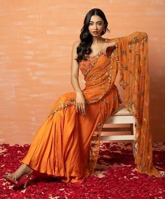 Orange Net Saree With Mirror Work 3