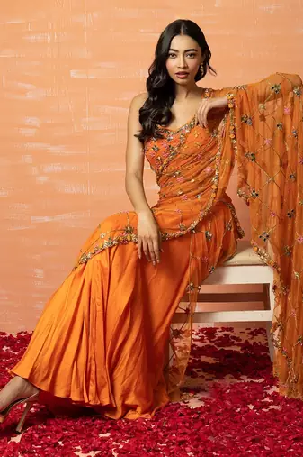 Orange Net Saree With Mirror Work