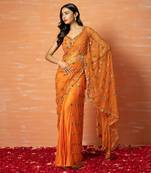 Orange Net Saree With Mirror Work
