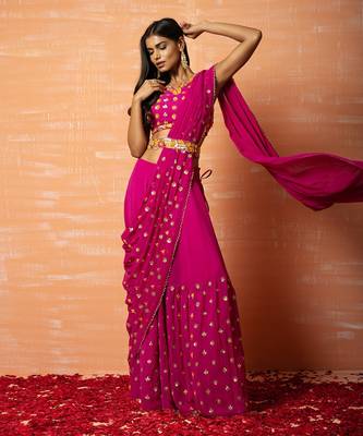 Purple Hand Embroidered Sharara Part Saree Set  With Belt 1