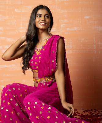 Purple Hand Embroidered Sharara Part Saree Set  With Belt 2
