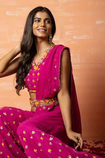 Purple Hand Embroidered Sharara Part Saree Set  With Belt