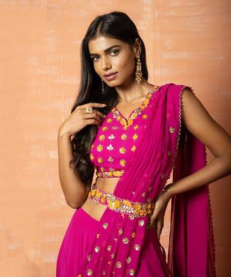 Purple Hand Embroidered Sharara Part Saree Set  With Belt 3