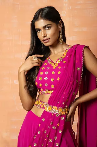 Purple Hand Embroidered Sharara Part Saree Set  With Belt