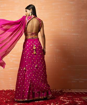 Purple Hand Embroidered Sharara Part Saree Set  With Belt 4