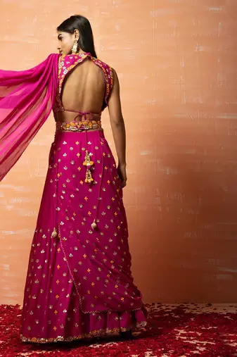 Purple Hand Embroidered Sharara Part Saree Set  With Belt