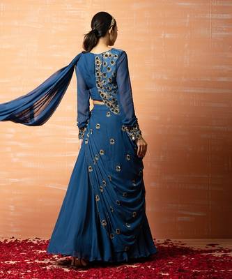 Blue Hand Embroidered Jacket  Sharara Part Saree Set 2