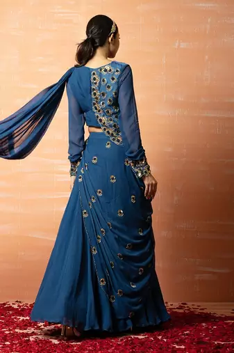 Blue Hand Embroidered Jacket  Sharara Part Saree Set