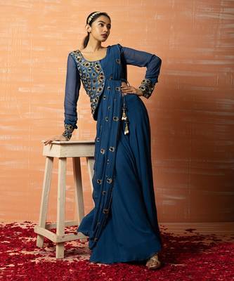 Blue Hand Embroidered Jacket  Sharara Part Saree Set 1