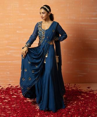 Blue Hand Embroidered Jacket  Sharara Part Saree Set 3