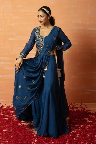 Blue Hand Embroidered Jacket  Sharara Part Saree Set