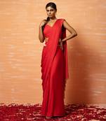 Red Predraped Saree With Lace Work