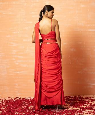 Red Predraped Saree With Lace Work 3
