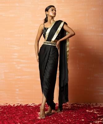 Black Dhoti Saree Set With Belt 1
