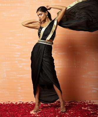 Black Dhoti Saree Set With Belt 3