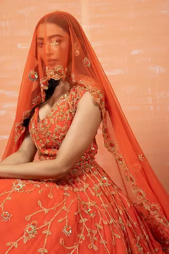 Orange Zardosi Embroidered Lehenga Set