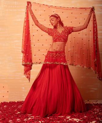 Red Hand Embroidered Net Lehenga Set 2