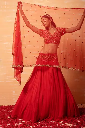 Red Hand Embroidered Net Lehenga Set