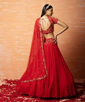 Red Hand Embroidered Net Lehenga Set 3