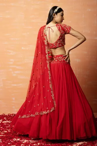 Red Hand Embroidered Net Lehenga Set