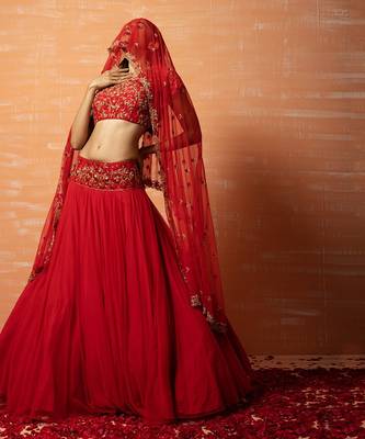 Red Hand Embroidered Net Lehenga Set 4