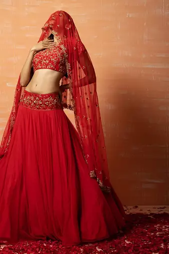 Red Hand Embroidered Net Lehenga Set