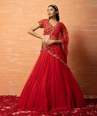 Red Hand Embroidered Net Lehenga Set 1