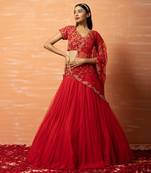 Red Hand Embroidered Net Lehenga Set