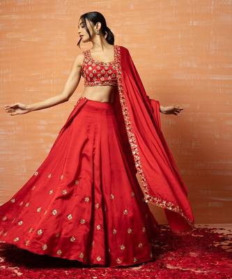Red Hand Embroidered Lehenga Set 2