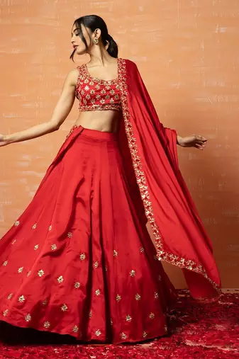 Red Hand Embroidered Lehenga Set