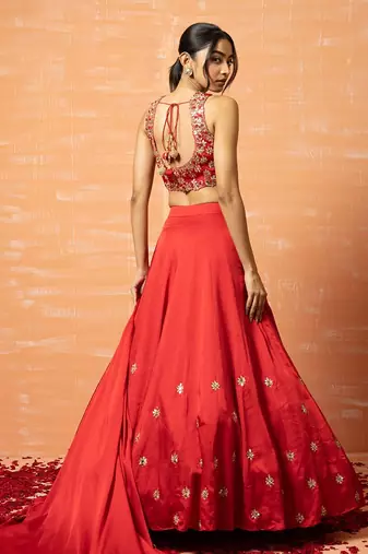 Red Hand Embroidered Lehenga Set