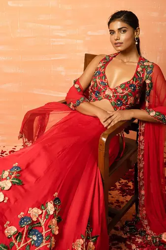 Red 3d Lehenga Set
