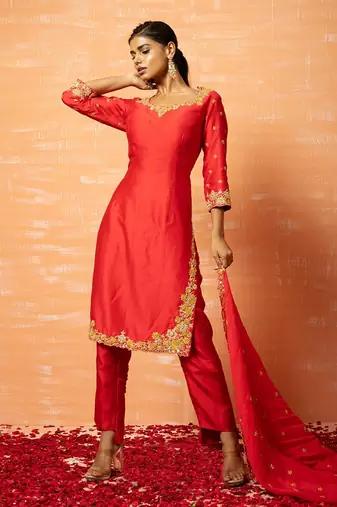 Red Hand Embroidered Kurta Set
