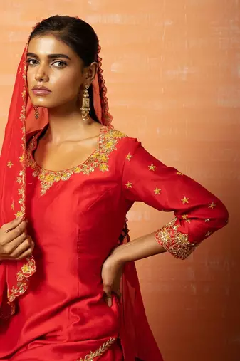Red Hand Embroidered Kurta Set