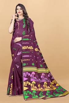 Wine Woven Cotton Silk Saree Without Blouse