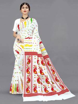 White Woven Cotton Silk Saree Without Blouse 2