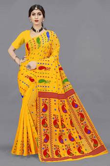 Mustard Woven Cotton Silk Saree Without Blouse