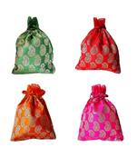 myDsGifts Traditional Shagun and Gift Potli Pouch with Printed Pattern Brocade Fabric (Pack of 4)