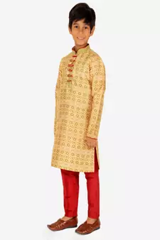 Boy's Kurta Pajama For Kids | Floral Print | Silk | Churindar Pyajama | Traditional Ethnic Wear (S-187)